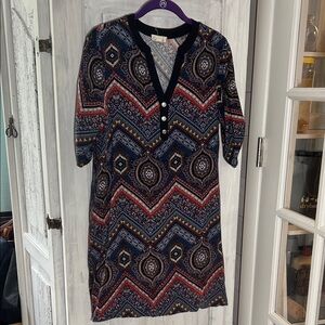 Patterned V-Neck Dress with Button Detail